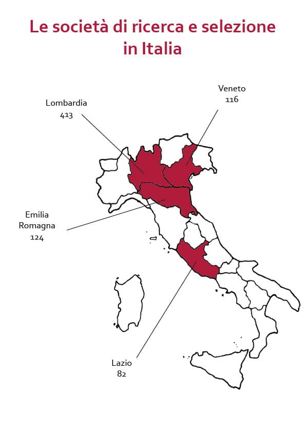 Cartina dell’Italia con regioni evidenziate in rosso e dati sulle società di ricerca e selezione