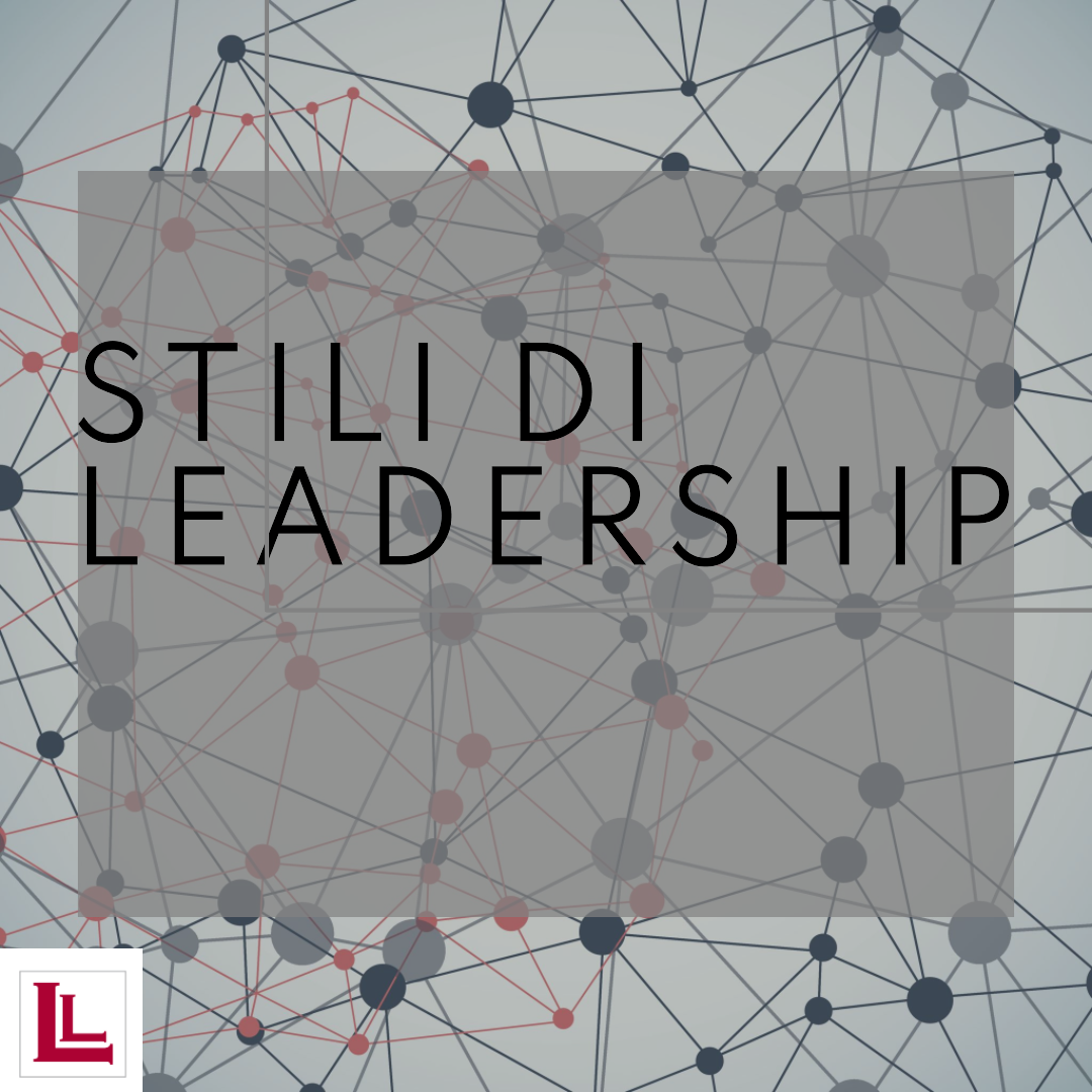 Grafica con nodi e linee interconnessi e la scritta Stili di leadership